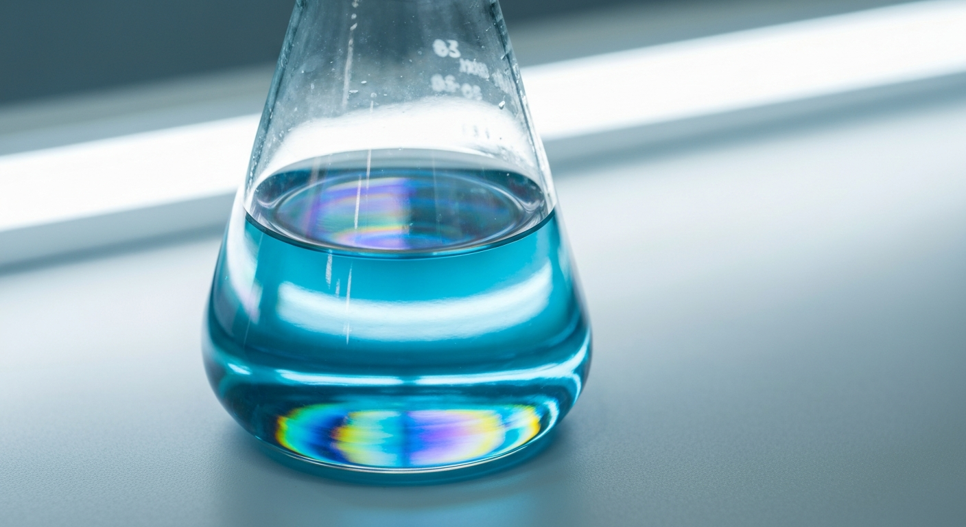 Vanadium-Elektrolytlösung in Glaskolben unter Reinraumlicht mit tiefblau-cyan-Schimmer