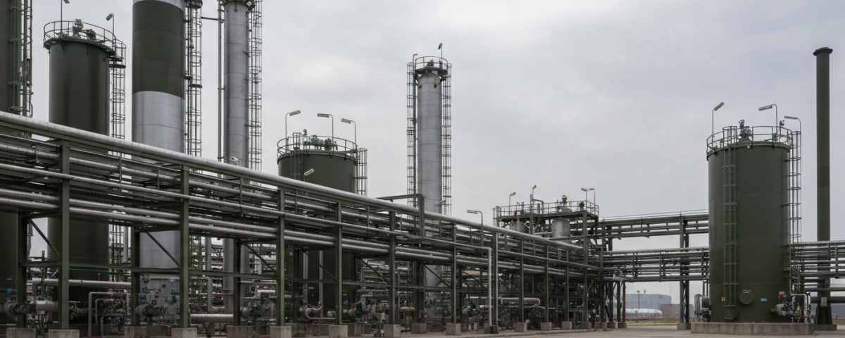 Industrielle Verarbeitungsanlage für kritische Mineralien unter bedecktem Himmel