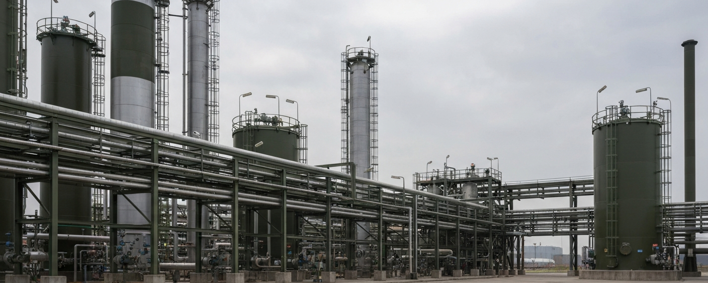 Industrielle Verarbeitungsanlage für kritische Mineralien unter bedecktem Himmel