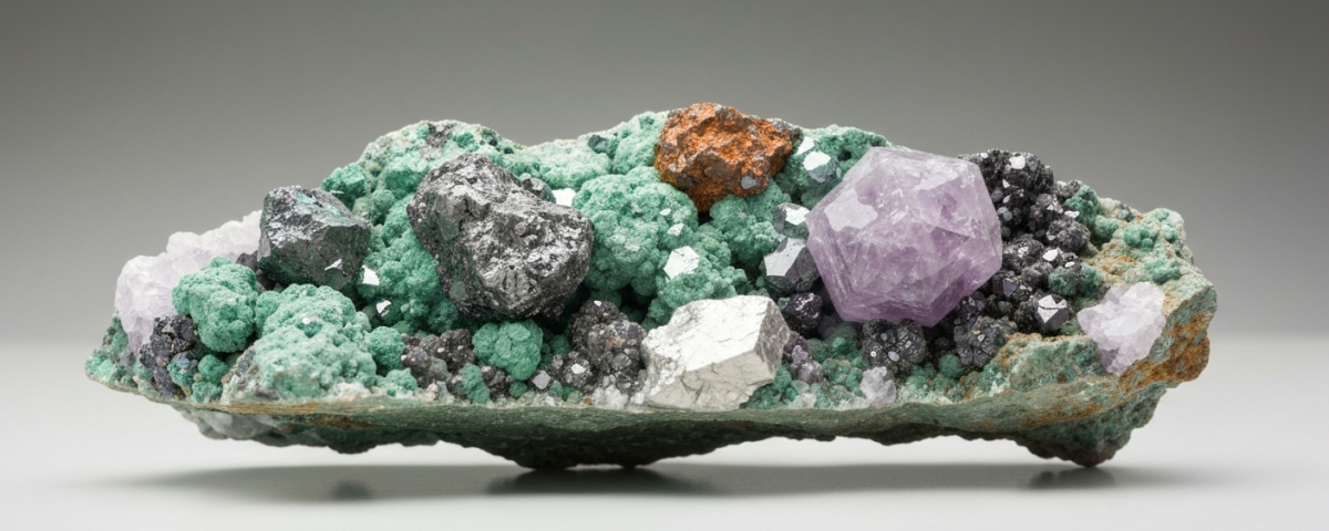 Polierter Polymetall-Erzkern mit Kupfer-, Zink- und Silbermineralen auf Laboroberfläche