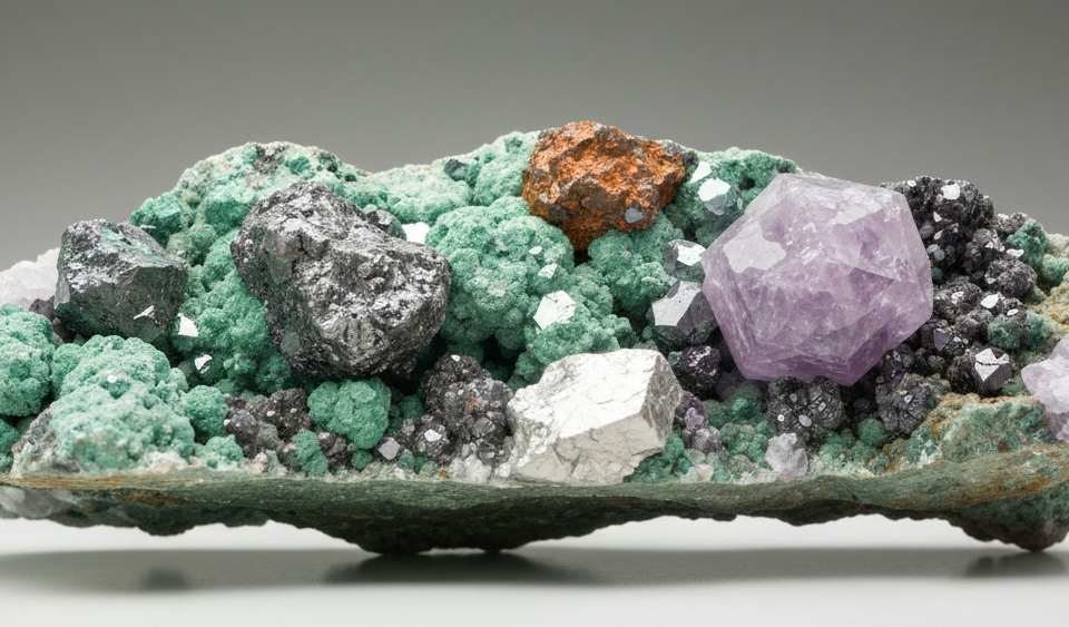 Polierter Polymetall-Erzkern mit Kupfer-, Zink- und Silbermineralen auf Laboroberfläche