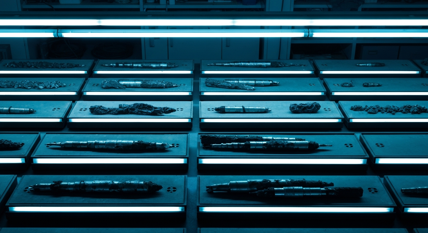 Geologisches Labor mit Bohrkernkästen unter Neonlicht, Draufsicht