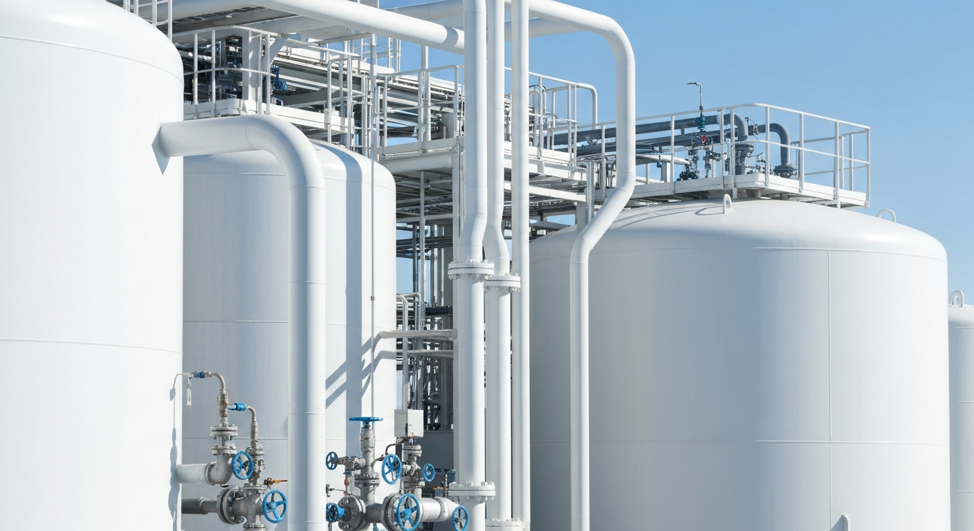 Hydrometallurgische Trennanlage mit Tanks und Rohrleitungen in heller Industriehalle