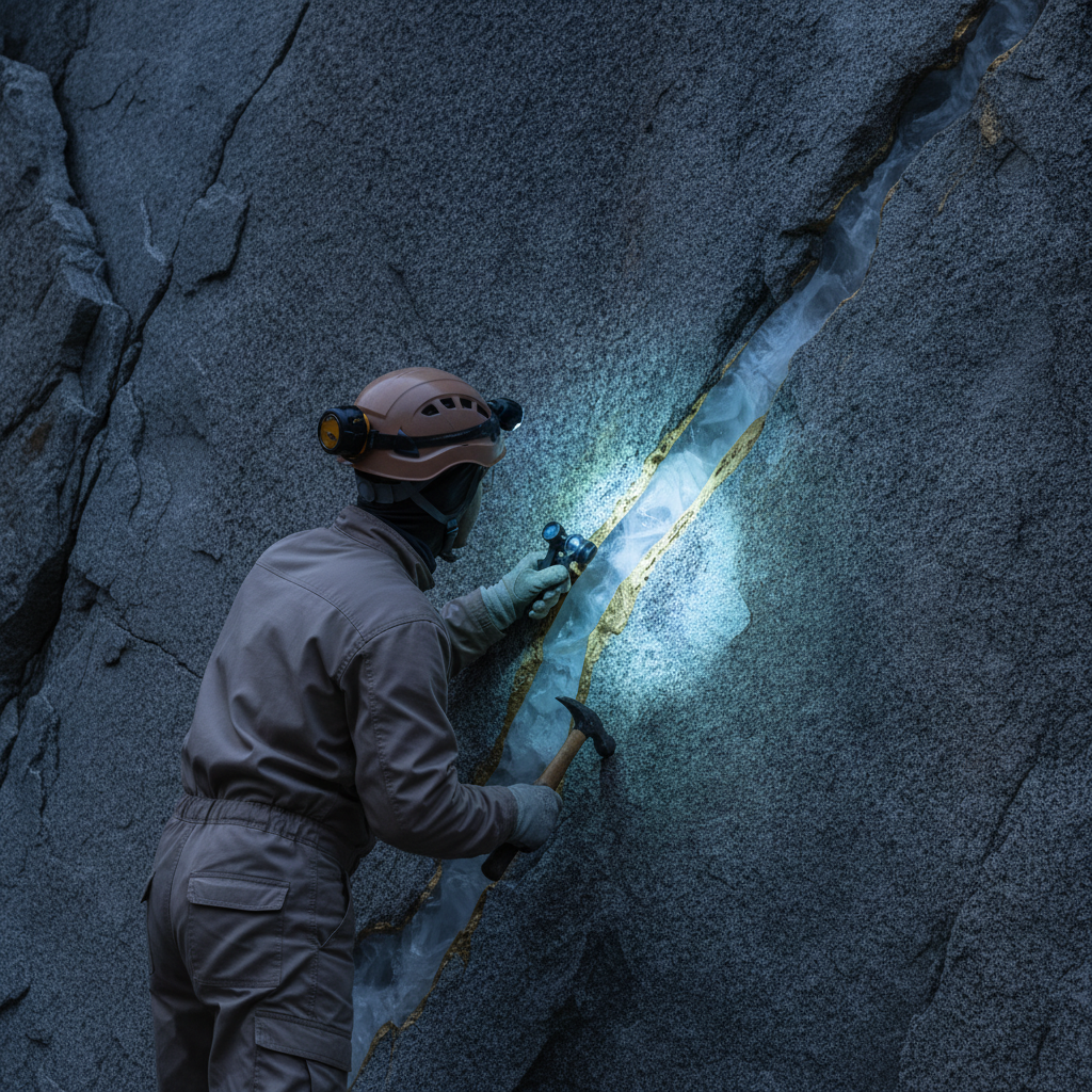 Geologe untersucht Quarzader in Granit bei blauer Stunde – Goldexploration in British Columbia