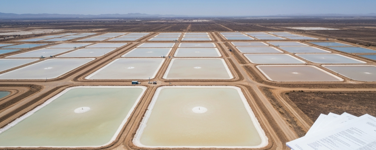 Luftaufnahme eines Lithium-Eindampfungsbeckens in der Wüste mit geometrischen Teichen in Beige und Hellblau