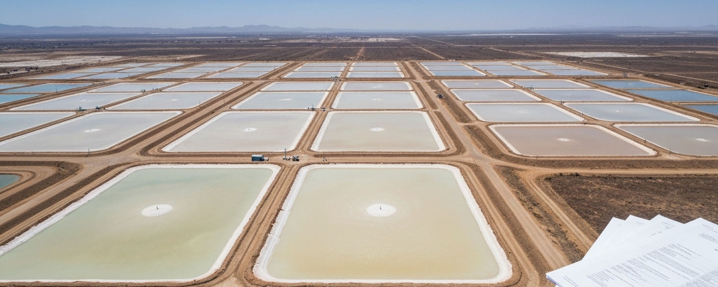 Luftaufnahme eines Lithium-Eindampfungsbeckens in der Wüste mit geometrischen Teichen in Beige und Hellblau
