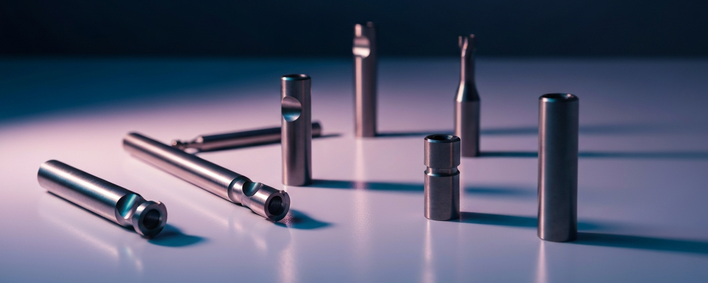 Tungsten carbide tools on a white surface with blue-violet light reflections – symbolizing tungsten's role in semiconductor manufacturing