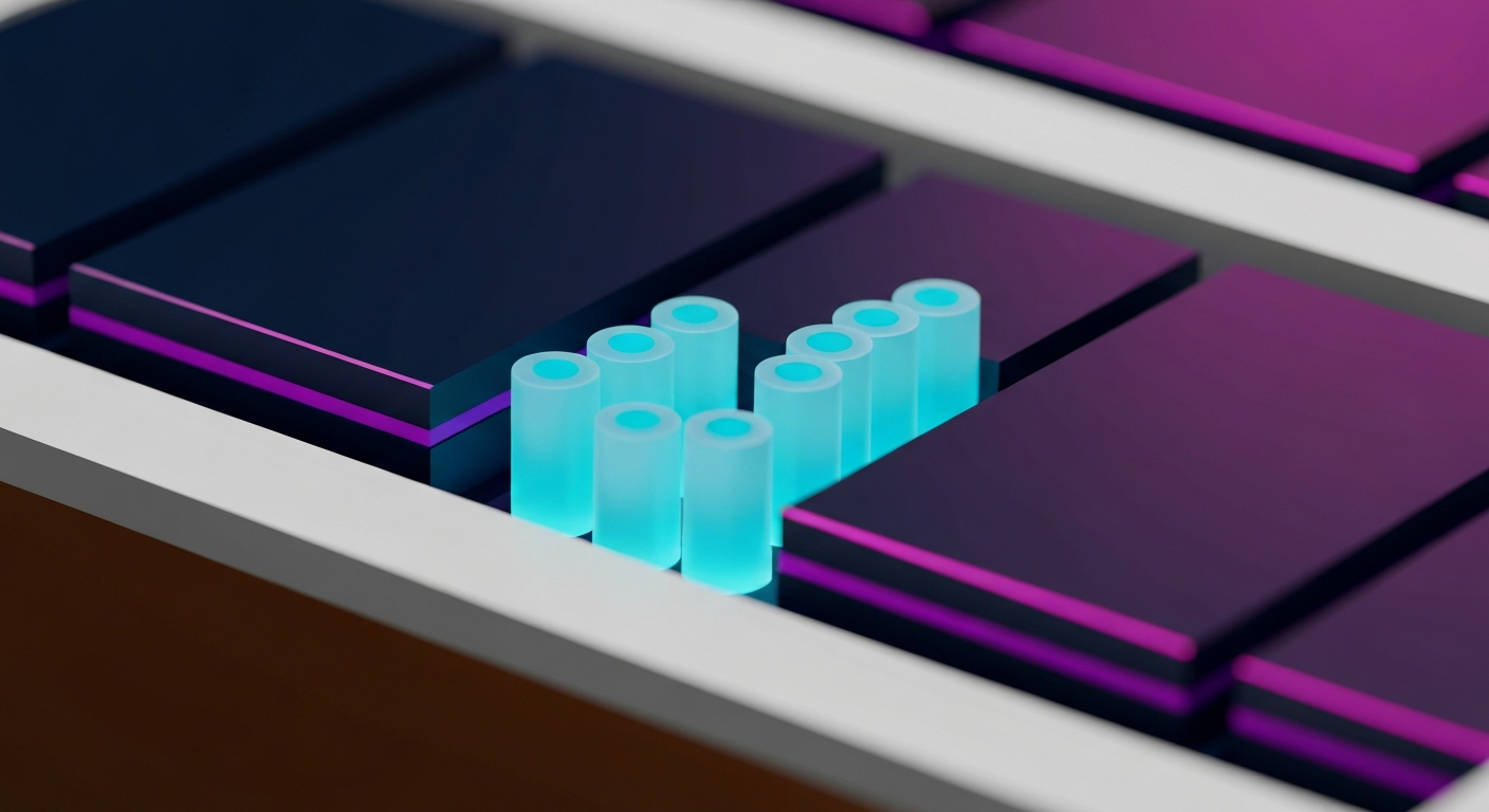 Schematic illustration of tungsten plugs in a chip cross-section with cyan-magenta light effects
