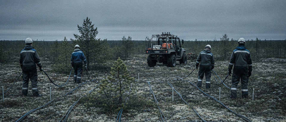 Geophysiker verlegen Elektrodenkabel für eine DCIP-Messung in borealer Landschaft