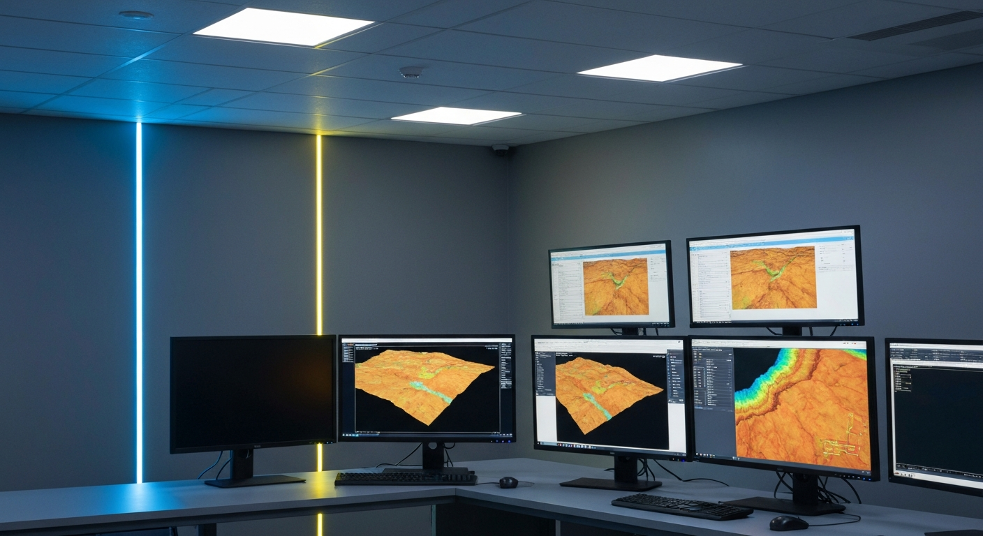 Monitors displaying three-dimensional resistivity models in an exploration data center