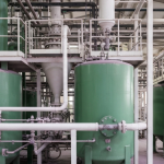 Industrielle Aufbereitungsanlage für kritische Metalle mit grünen Tanks und weißen Rohrleitungen