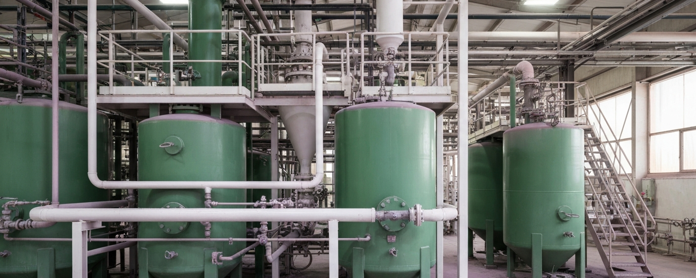 Industrial processing facility for critical metals with green tanks and white pipework