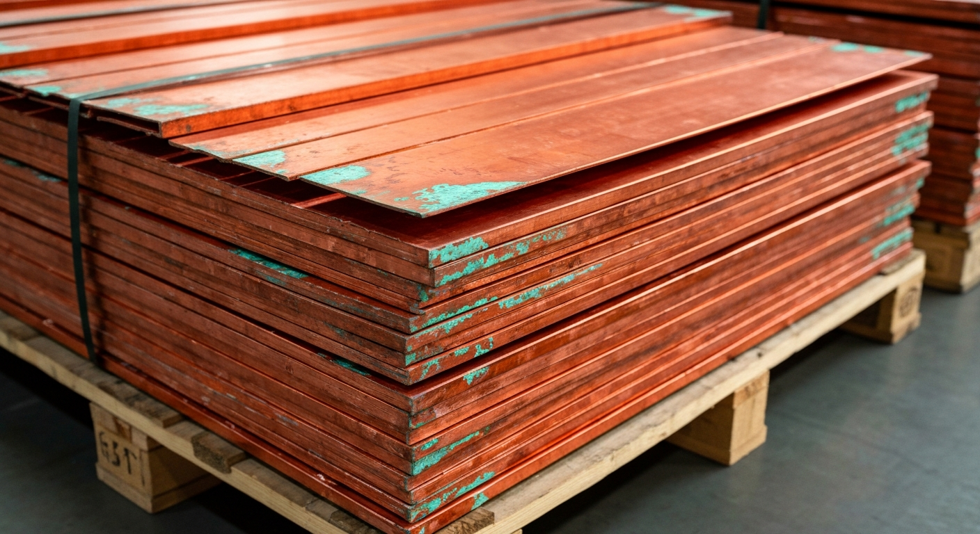 Gestapelte Kupfer-Kathodenplatten mit rotoranger Metalloberfläche und grüner Patina