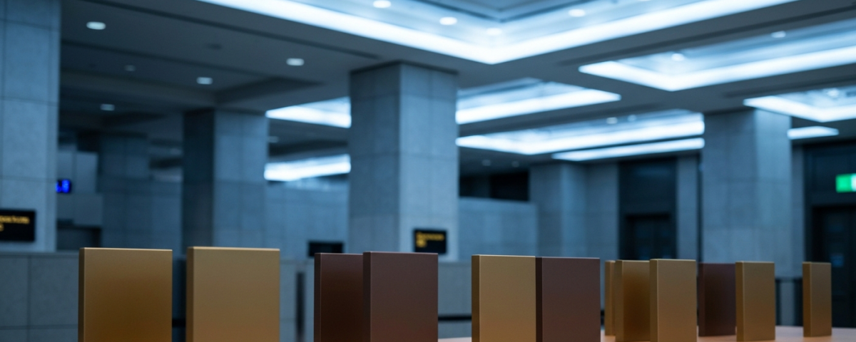 Börsenhandelsraum mit blauem Licht und goldenen Metallelementen – Symbol für Kapitalmarktzugang