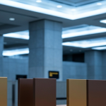 Börsenhandelsraum mit blauem Licht und goldenen Metallelementen – Symbol für Kapitalmarktzugang