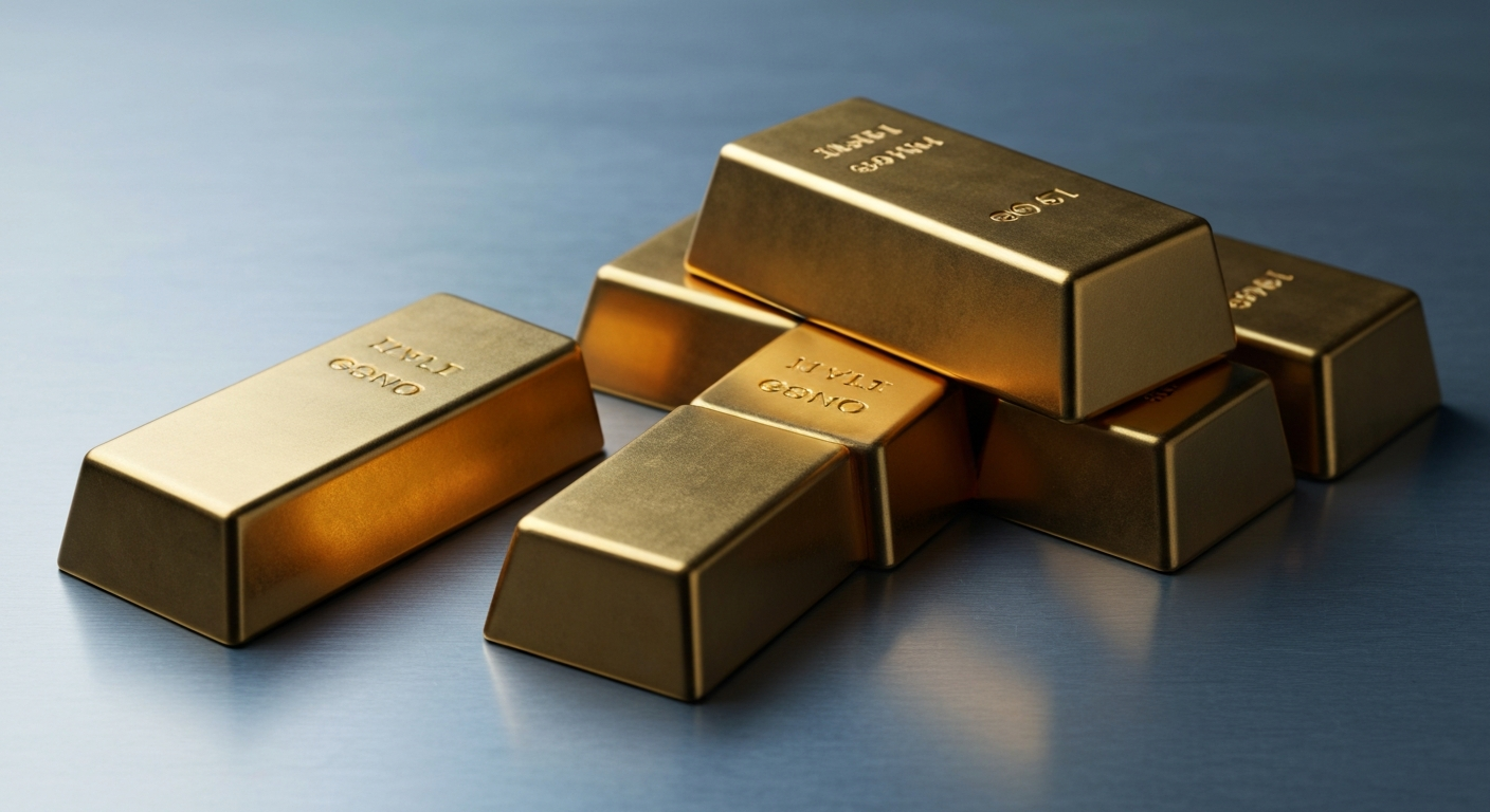Polierte Goldbarren auf grauer Stahlfläche – Bewertung im Goldsektor