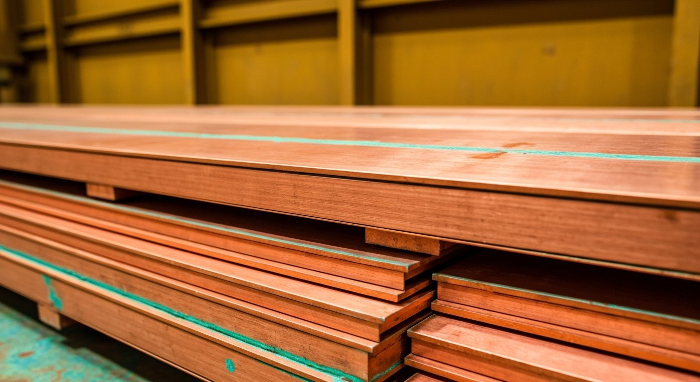 Gestapelte Kupfer-Kathodenplatten in einer Verarbeitungsanlage mit rötlich-orangener Metalloberfläche und grüner Patina
