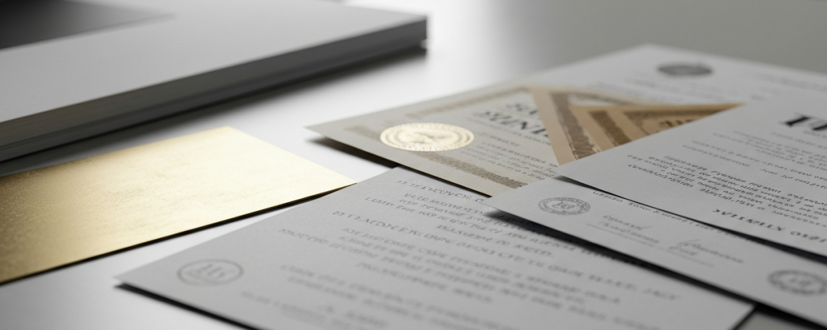 Finanzdokumente zur Aktienemission auf einem Schreibtisch in gedämpften Gold- und Grautönen