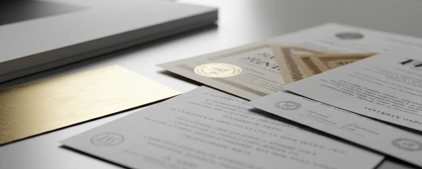 Finanzdokumente zur Aktienemission auf einem Schreibtisch in gedämpften Gold- und Grautönen