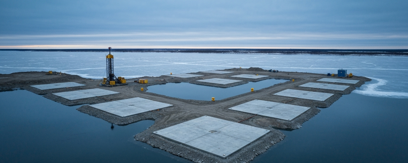 Aerial view of a uranium exploration camp in subarctic Canada with a steel-grey sky and frozen lake surfaces