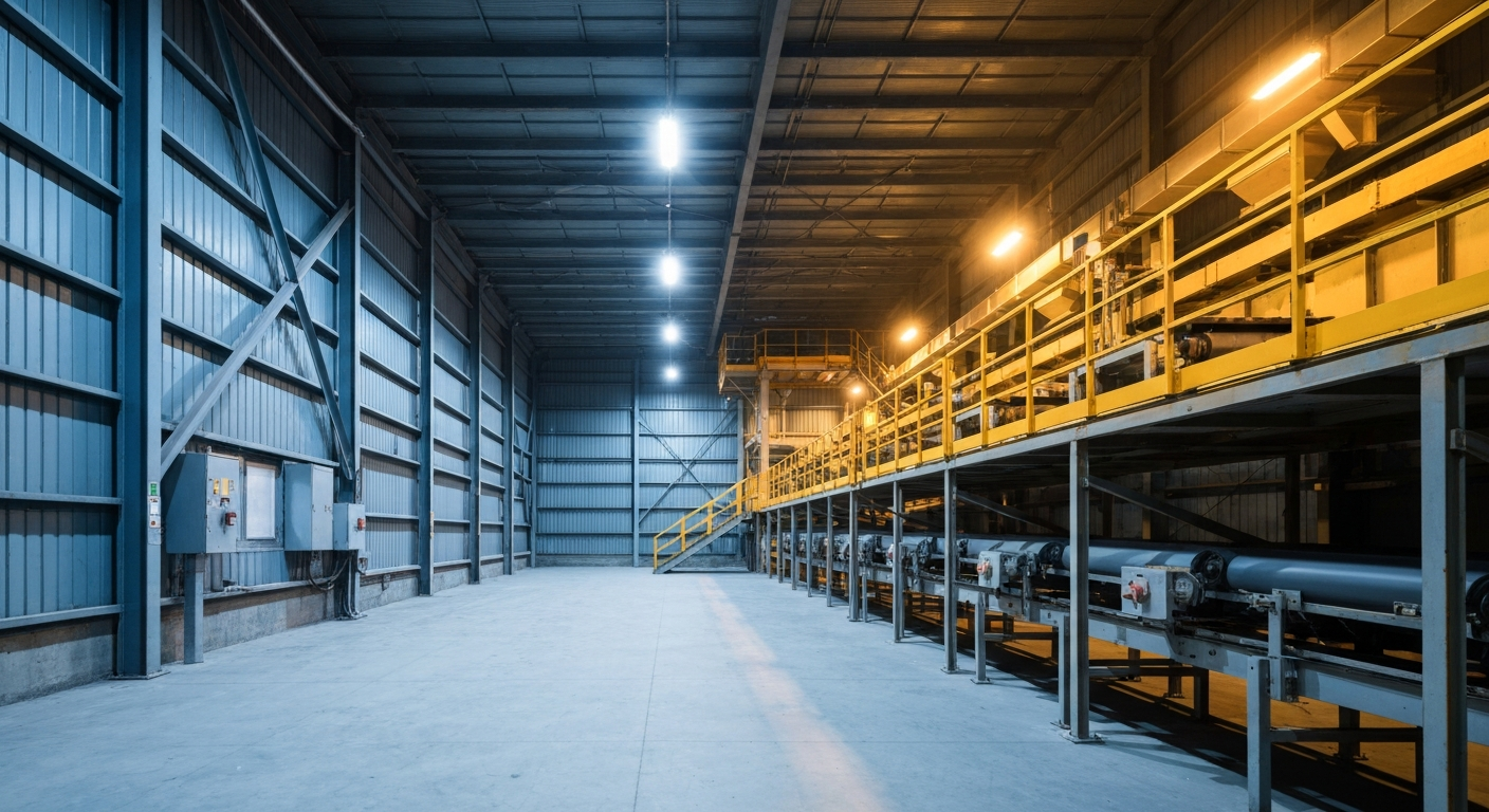 Interior of a uranium ore sorting facility with a conveyor belt under cold yellow industrial lighting