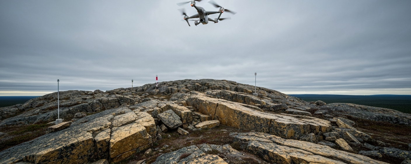 Drone over a geological terrain section in Ontario – drone MAG survey in gold exploration