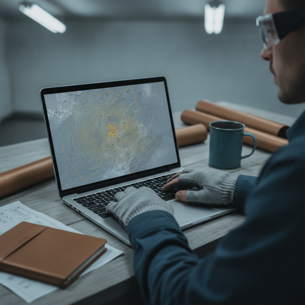 Geophysicist analyzing a magnetic anomaly map on a laptop in a field laboratory