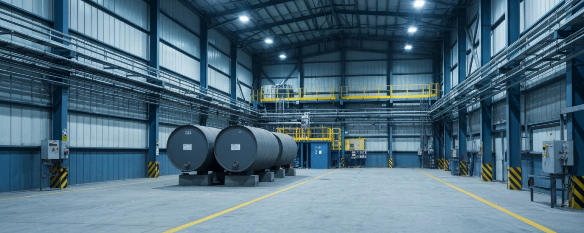 Uranverarbeitungsanlage mit Industrietrommeln auf Betonboden unter kalt-technischer Beleuchtung