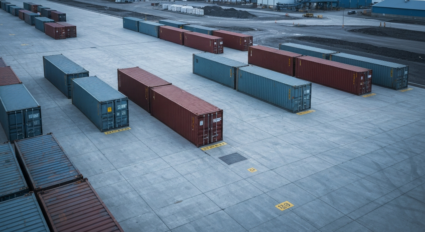 Luftaufnahme eines Uranmühlen-Hofes mit Transportcontainern unter bedecktem Himmel