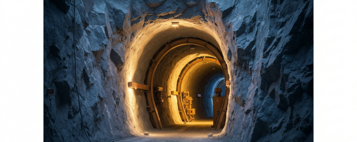 Eingang eines Exploration-Decline-Stollens in grauem Fels mit kontrollierter Beleuchtung