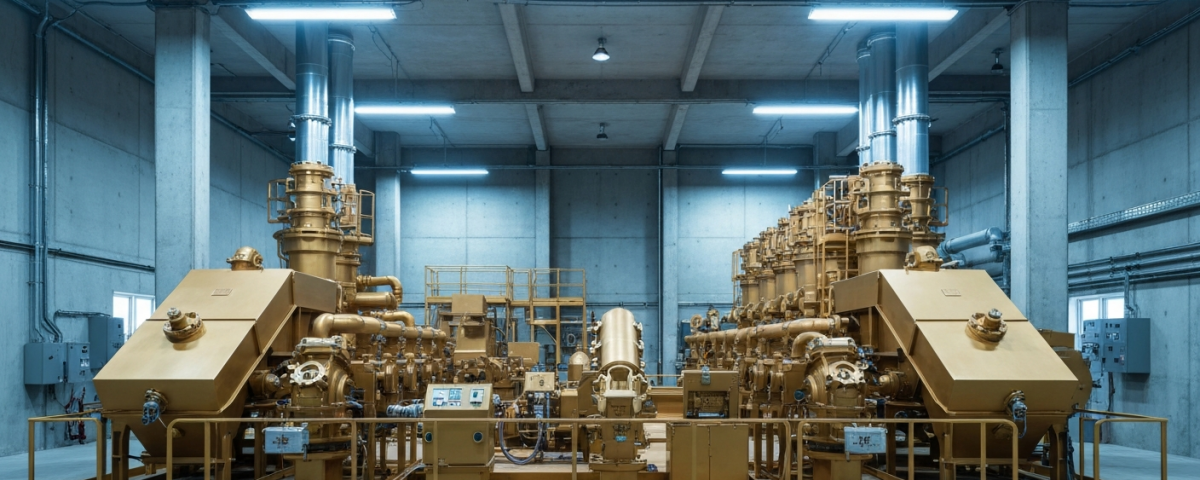Moderne Goldaufbereitungsanlage mit bronze- und graufarbener Industrieausrüstung unter kühlem Neonlicht