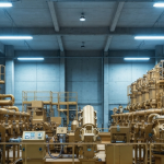 Moderne Goldaufbereitungsanlage mit bronze- und graufarbener Industrieausrüstung unter kühlem Neonlicht