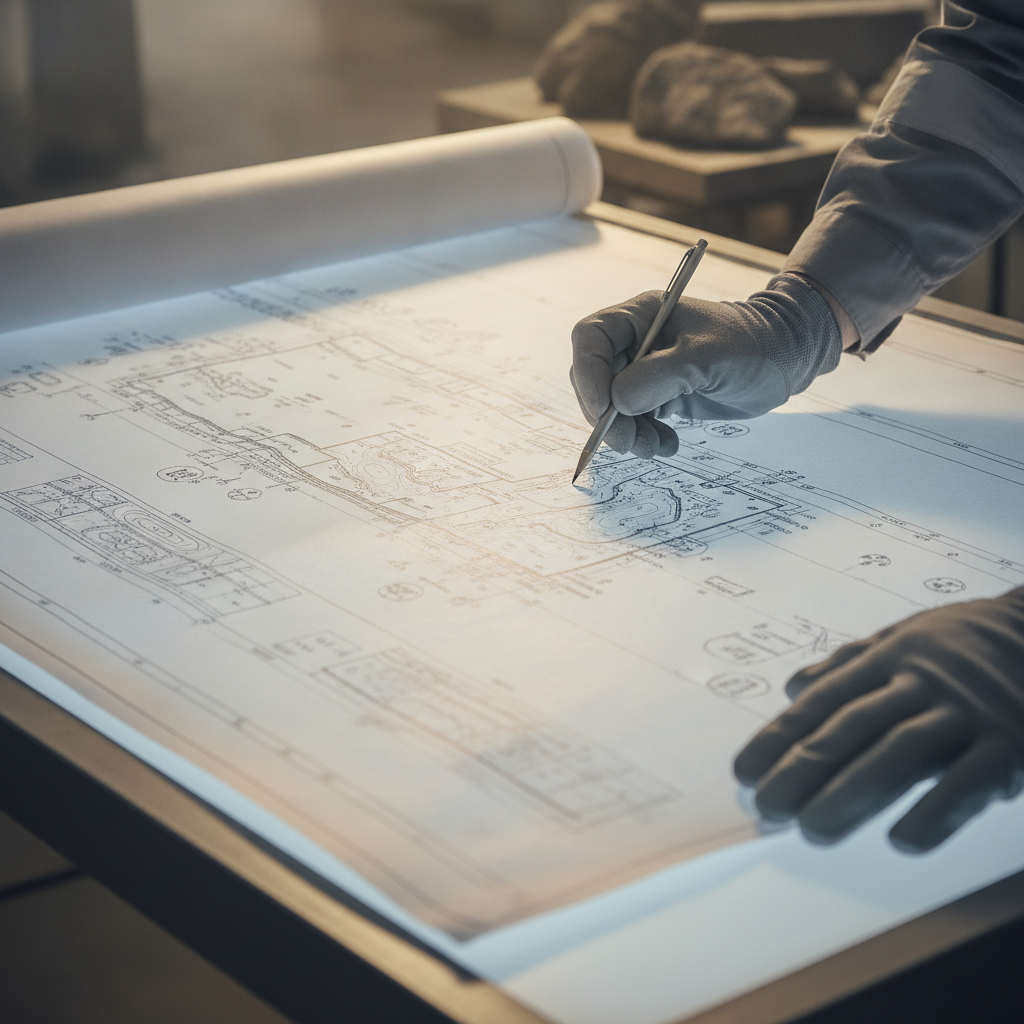 Geologe analysiert Minenplanzeichnungen auf einem Leuchttisch in gedämpften Gold- und Grautönen