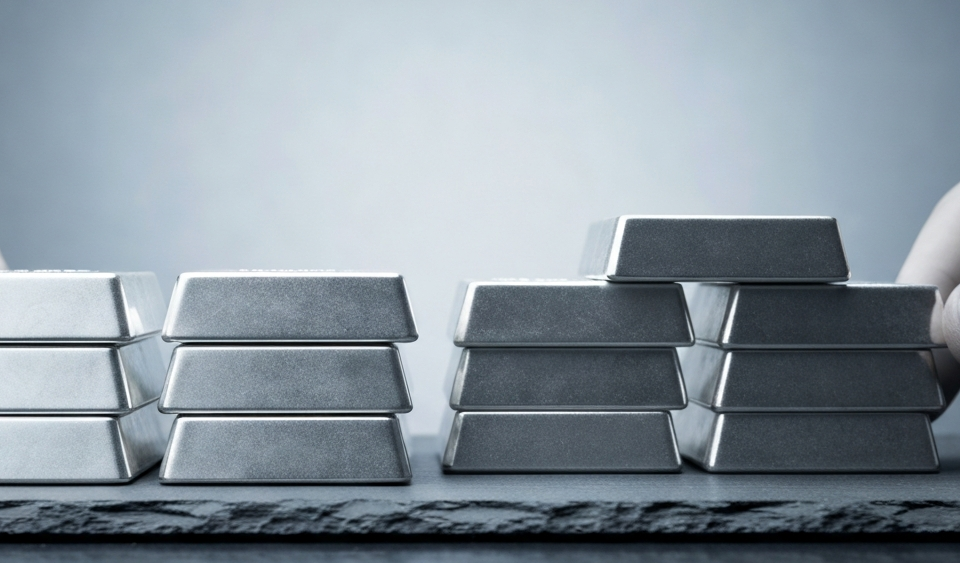 Zwei Stapel Silberbarren nebeneinander – Symbol für den Zusammenschluss zweier Edelmetall-Explorer