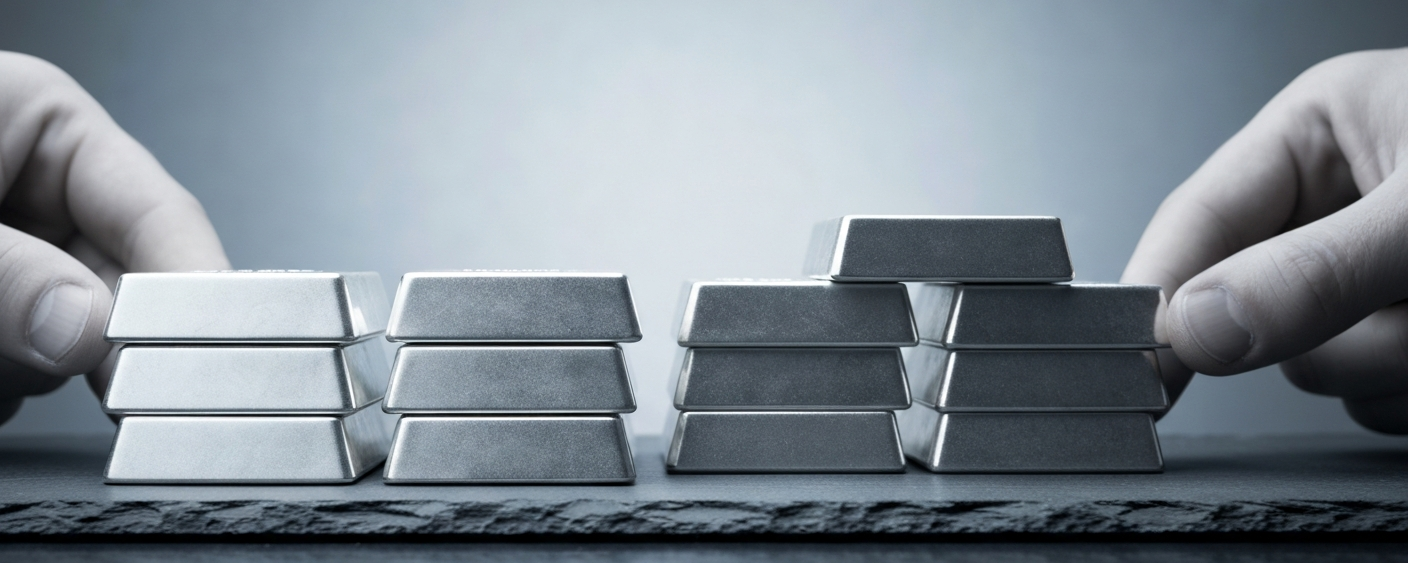 Zwei Stapel Silberbarren nebeneinander – Symbol für den Zusammenschluss zweier Edelmetall-Explorer