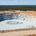 Luftaufnahme einer Hartgestein-Lithiummine mit offener Grube in borealer Landschaft