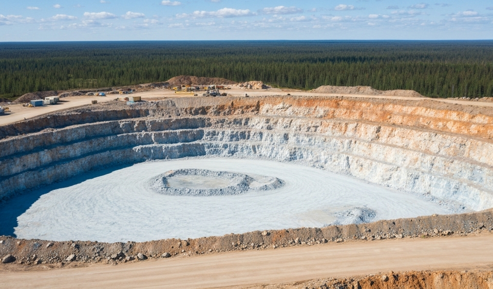 Luftaufnahme einer Hartgestein-Lithiummine mit offener Grube in borealer Landschaft