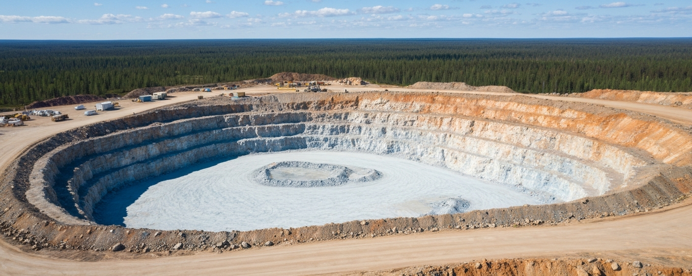 Aerial view of a hard-rock lithium open-pit mine in a boreal landscape