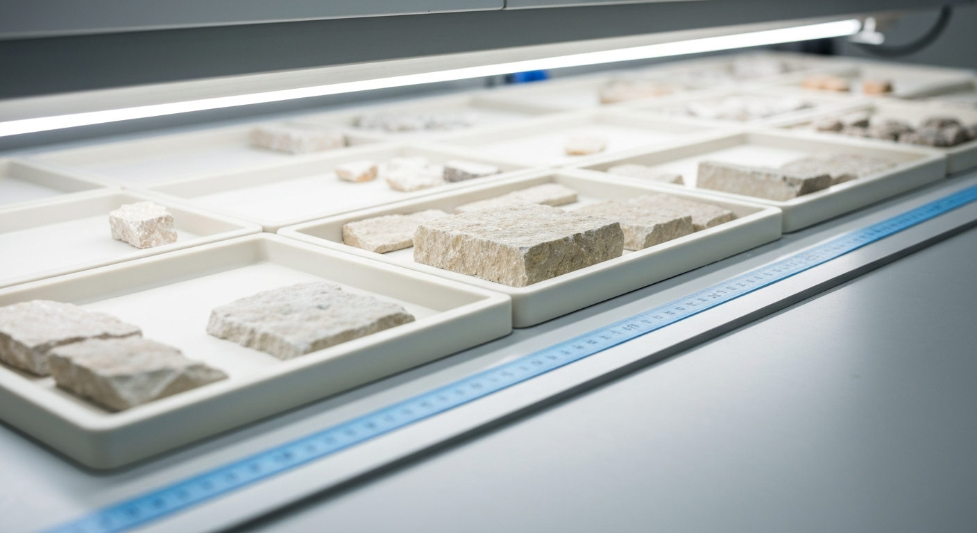 Drill cores from a lithium pegmatite project laid out on a logging table in a bright setting
