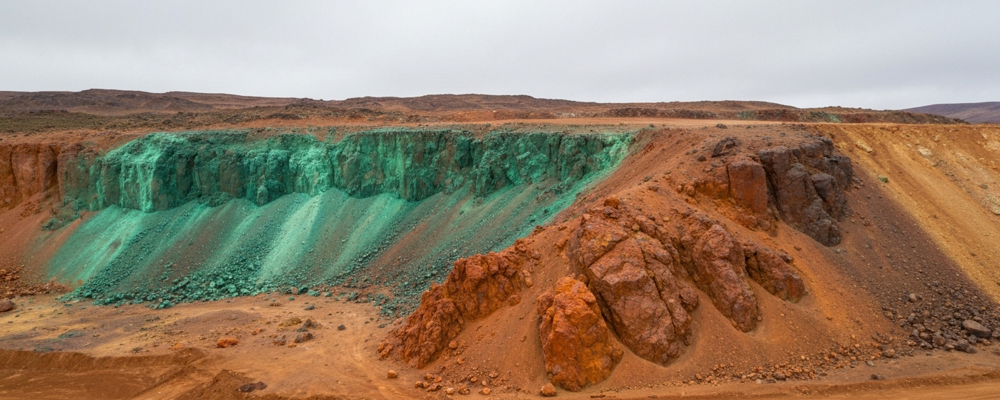 Luftaufnahme eines Explorationsgeländes in den Anden mit rötlich-orangefarbenem Gestein und grünen Malachitspuren