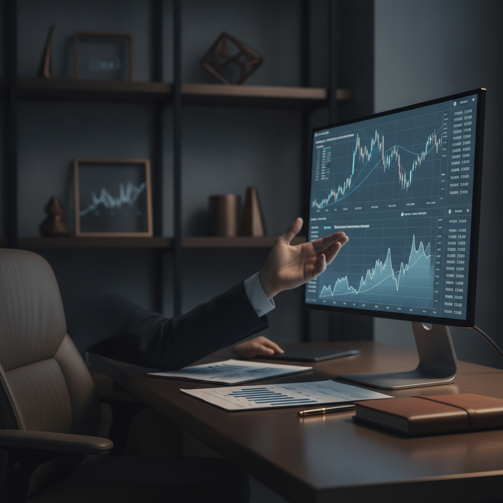 Analyst betrachtet Aktienkurs-Charts auf Monitoren – Illustration des Equity-Lag-Phänomens bei Minenaktien