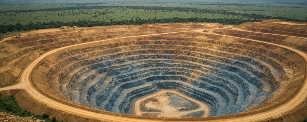 Luftaufnahme einer westafrikanischen Goldmine mit Bronze- und Blautönen in der Grube