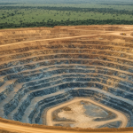 Luftaufnahme einer westafrikanischen Goldmine mit Bronze- und Blautönen in der Grube