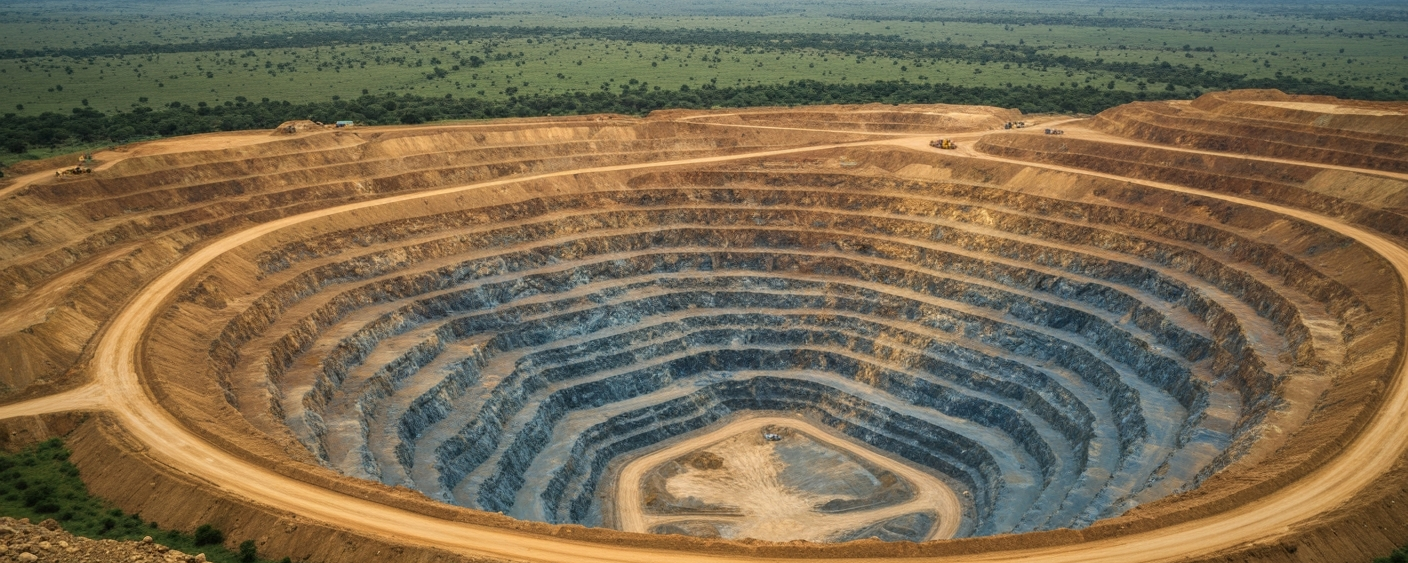Luftaufnahme einer westafrikanischen Goldmine mit Bronze- und Blautönen in der Grube