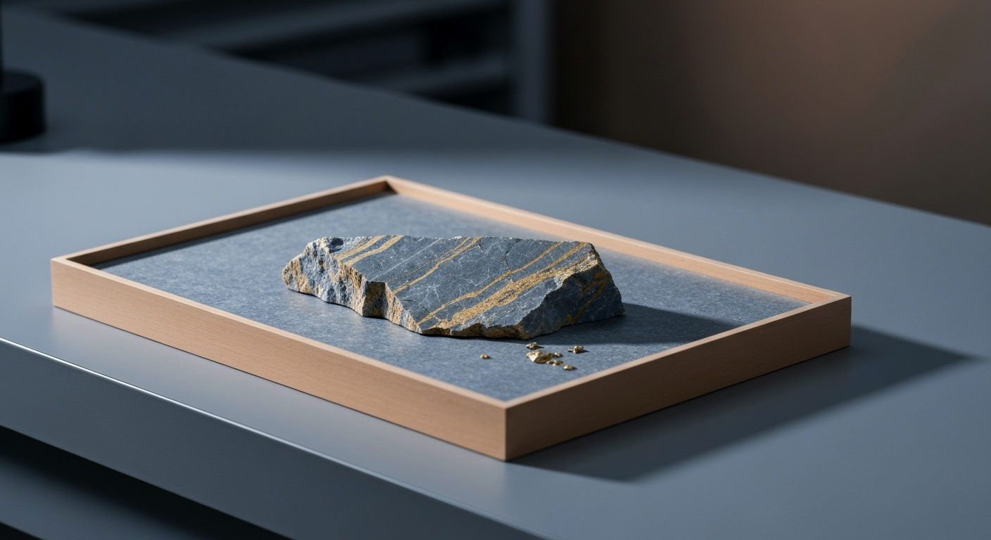 Bohrkernschale mit goldhaltigen Quarzadern im geologischen Labor