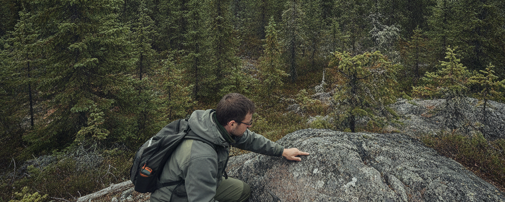 Geologe kartiert Gesteinsaufschluss im borealen Wald Ontarios mit REE-Proben