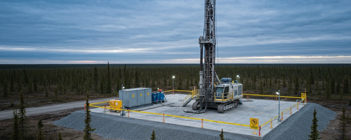 Drill rig at a uranium exploration site under an overcast sky with industrial equipment