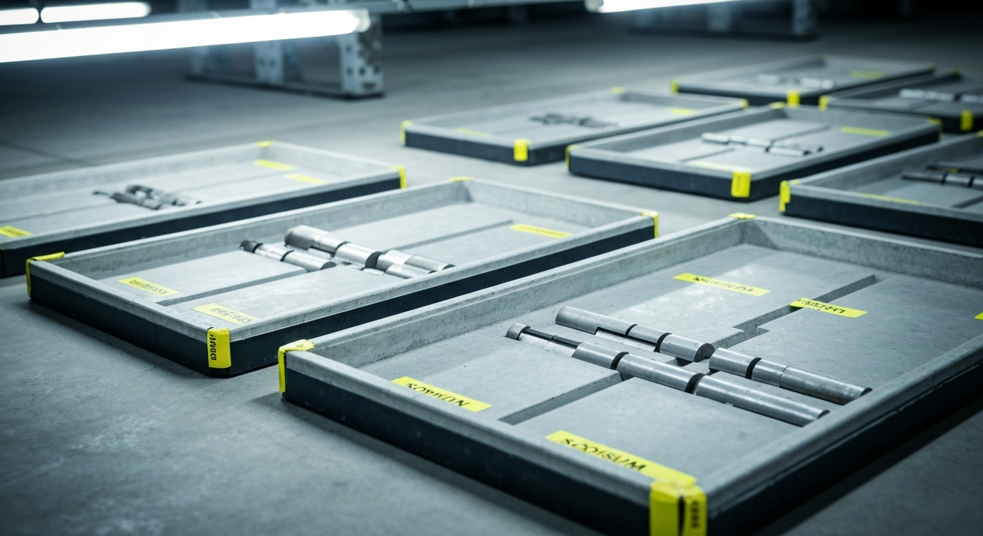 Drill core samples in grey trays on a concrete floor inside a core shack
