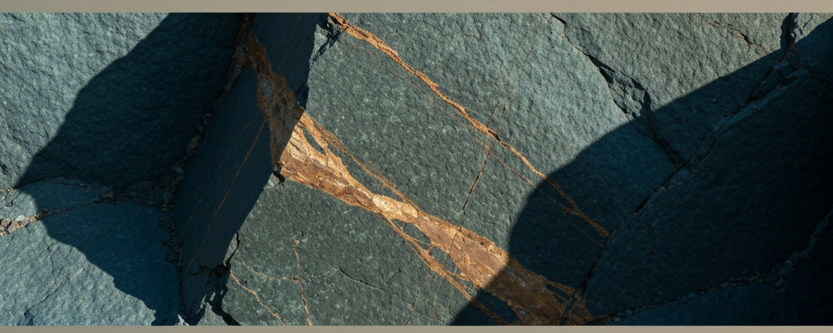 Quarzader mit goldenen Mineralisierungen in Grünsteinfels — typisches Bild eines etablierten Goldcamps