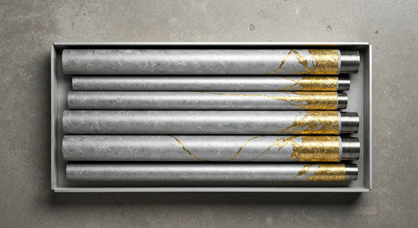 Diamantkernbohrproben in einem Analyselabor mit sichtbarer Goldmineralisierung